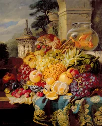 Nature morte de fruits sur un rebord avec un bocal à poissons rouges, 1876